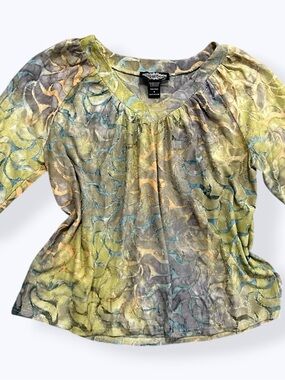 Vintage Olivers Y2K Burnout Mesh Top Green Watercolor Abstract Blouse